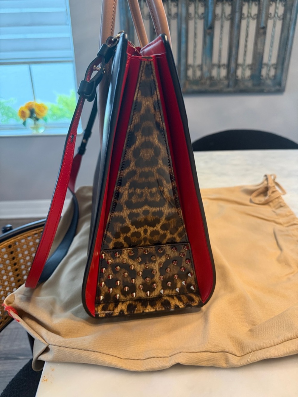Christian Louboutin Black Tote with Tan Handles and Red Interior Trim - Picture 5 of 6
